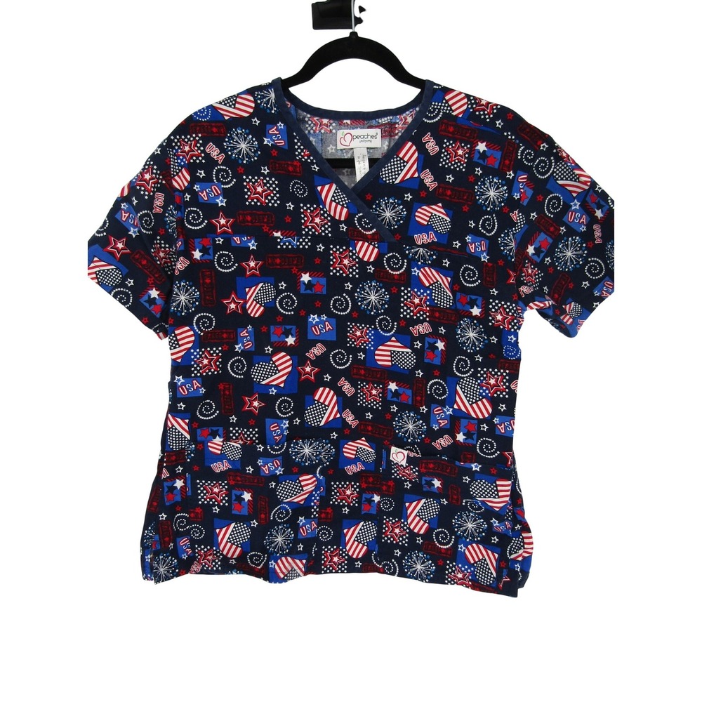 Y2K Scrub Top Medium Navy Blue Patriotic USA Stars Medical Nurse Workwear Health